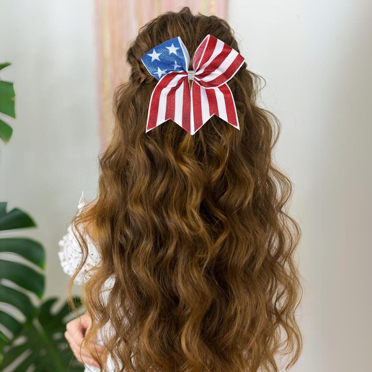 Patriotic Glitter Hair Bow – 4th of July Sequin American Flag Cheer Bow – Red White Blue Sparkly Ribbon Hair Accessory with Elastic Band for Women & Girls Independence Day Party
